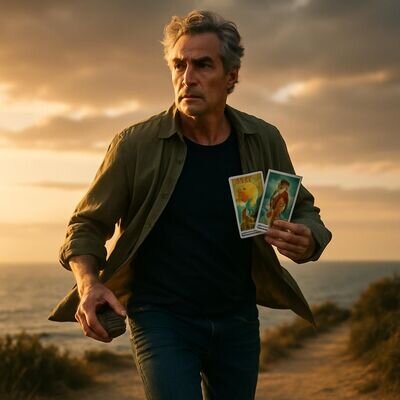 Eine Person steht auf einem hellen K&uuml;stenweg und h&auml;lt ein Tarotdeck, als Symbol f&uuml;r eine anstehende Wahl.