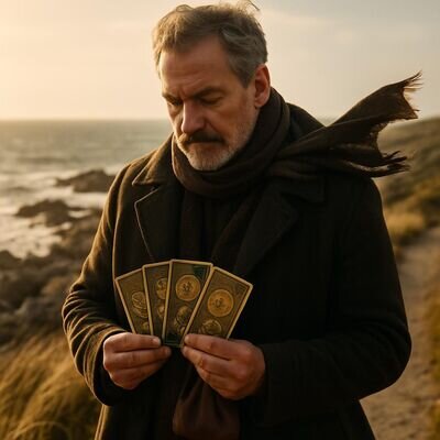 Eine Person h&auml;lt Tarotkarten mit M&uuml;nzen-Symbolik in Gr&uuml;n- und Braunt&ouml;nen in einer nat&uuml;rlichen Umgebung &ndash; Fokus auf Ressourcen und Alltag.