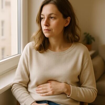 Eine europaeisch wirkende Frau sitzt ruhig am Fenster, Hand auf dem Bauch, als wuerde sie in sich hineinspueren.