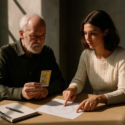 Zwei Menschen im hellen Raum, ein Notizbuch, Tarotkarten und ein Horoskopausdruck &ndash; ruhige, zuversichtliche Stimmung.