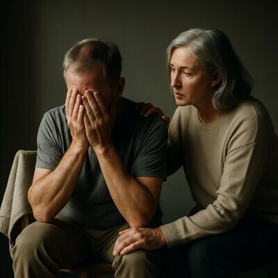 Zwei Menschen in einem hellen Innenraum, einer wirkt besch&auml;mt, der andere unterst&uuml;tzend.