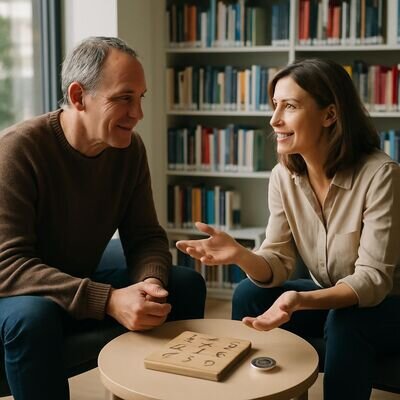 Zwei Menschen im Gespraech, freundlich und konzentriert, mit dezentem Zahlen-Prop.