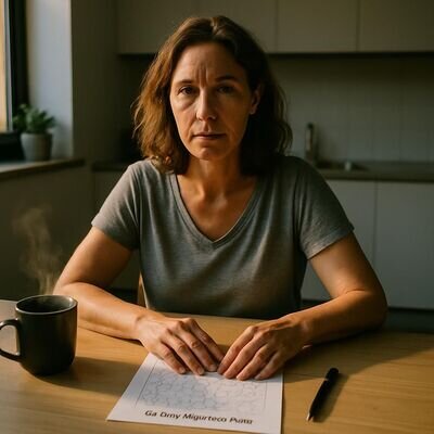Eine Person sitzt morgens ruhig am K&uuml;chentisch und bereitet sich auf eine     kurze Meditation vor.