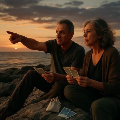 Zwei Menschen sitzen am Meer und betrachten Karten, als w&uuml;rden sie gemeinsam Traumbilder besprechen.