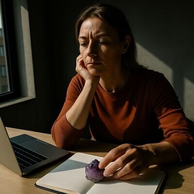Eine Frau platziert einen Amethyst neben Notizbuch und Laptop &ndash; ruhiger Arbeitsfokus im Alltag.