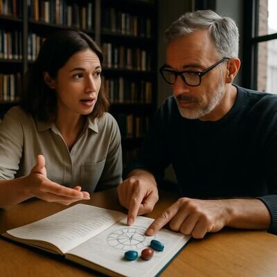 Zwei Personen besprechen Zuordnungen von Heilsteinen zu Sternzeichen mit Notizbuch und Steinen.