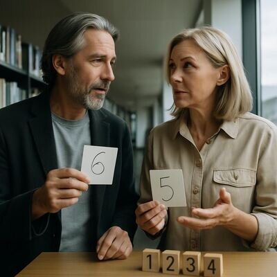 Zwei Menschen im Gespr&auml;ch, aufmerksam und respektvoll, mit symbolischen Zahlenkarten.