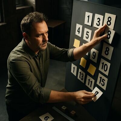 Eine Person setzt Erkenntnisse um und plant die n&auml;chsten Schritte mit klarer Struktur und Zahlen-Elementen.