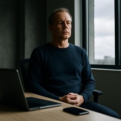 Eine Person macht eine kurze Achtsamkeitspause am Arbeitsplatz, Smartphone als Timer, fokussierte Stimmung.