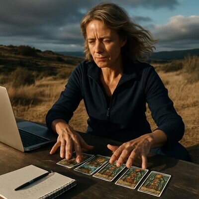 Eine Person reflektiert berufliche Optionen mit Karten und Notizen in ruhiger Arbeitsatmosph&auml;re.