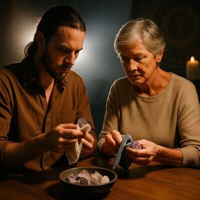 Zwei Personen reinigen sanft Kristalle mit einem Tuch an einem Tisch bei warmem Licht.