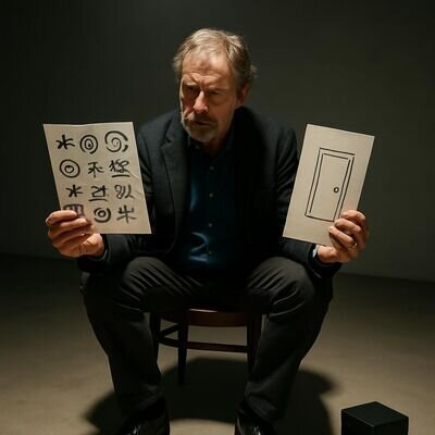 Ein Mann visualisiert ruhig ein neues Traumende, neben ihm liegt Papier mit Skizzen und Symbolen.