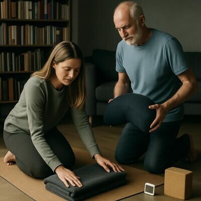 Zwei Personen richten gemeinsam ein Meditations-Setup mit Decke und Knieunterlage ein, um bequemer zu sitzen.
