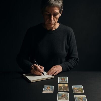 Eine Person schreibt Deutungsnotizen neben eine ausgelegte Keltische-Kreuz-Legung.