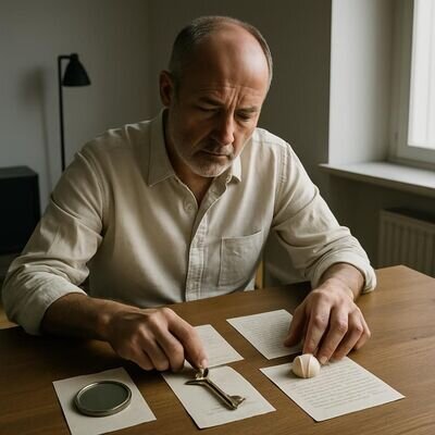 Eine Person ordnet Notizen und Symbole auf einem Tisch, als w&uuml;rde sie Traumbilder strukturieren.