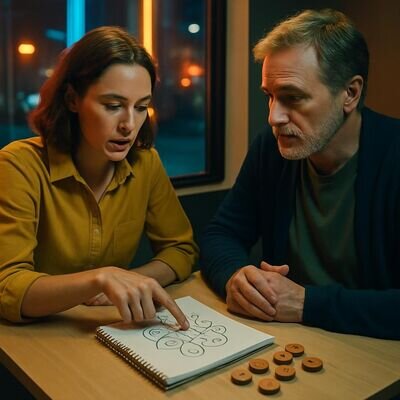 Zwei Personen im Gespr&auml;ch mit Notizbuch und Zahlen-Skizzen, als Symbol f&uuml;r Beratung und Orientierung.