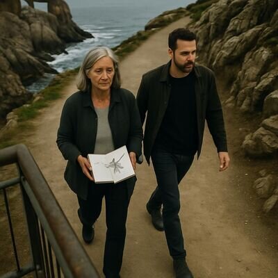 Zwei Menschen in weiter Landschaft als Symbol f&uuml;r Erdung, Landung und Klarheit nach einem Flugtraum.