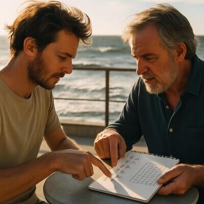 Zwei Menschen besprechen entspannt Ziele und Priorit&auml;ten, ein Kalender und Zahlen-Skizzen liegen sichtbar auf dem Tisch.