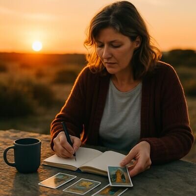 Eine Person notiert einen Traum und legt Tarotkarten aus, um Gef&uuml;hle und Motive zu sortieren.