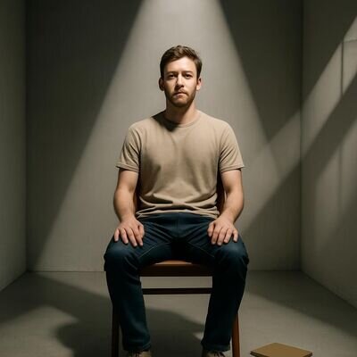 Eine Person meditiert in einem klaren Innenraum, ohne Klischee-Posen, mit Fokus auf ruhiger Struktur.