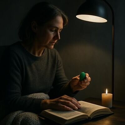 Eine Person legt Aventurin neben ein Buch und reflektiert ruhig &uuml;ber den Tag.