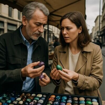 Zwei Menschen vergleichen Heilsteine an einem Marktstand bei Tageslicht.