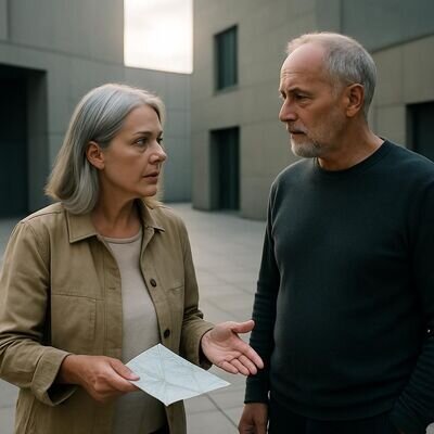 Zwei Menschen sprechen ruhig miteinander, als w&uuml;rden sie einen Konflikt kl&auml;ren und Grenzen setzen.