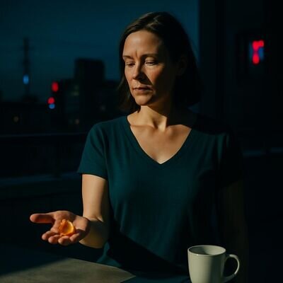 Eine Person h&auml;lt einen Citrin in der Hand, ruhig und pr&auml;sent in einer alltagstauglichen Situation.