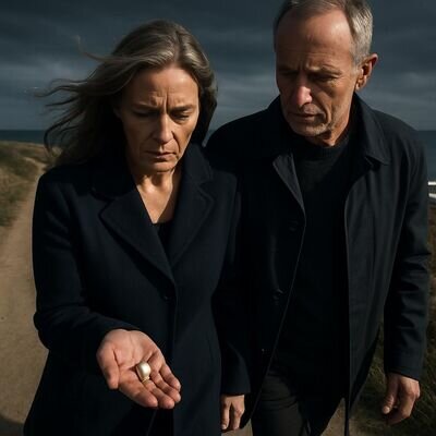 Zwei Personen in mittlerem Alter gehen nachdenklich durch einen weiten Au&szlig;enraum, Symbol f&uuml;r &Uuml;bergang und Ver&auml;nderung.