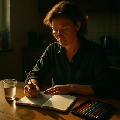 Eine Person notiert nach dem Aufwachen die auff&auml;lligste Traumfarbe in ein Notizbuch; ruhige, hoffnungsvolle Stimmung.