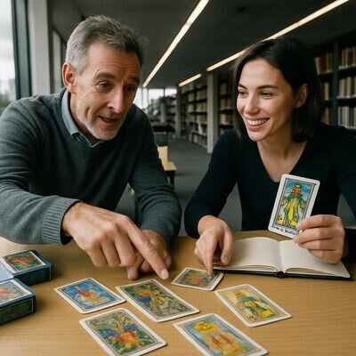 Zwei Menschen vergleichen Kartenmotive und sprechen &uuml;ber Unterschiede in Symbolik und Deutungsstil.