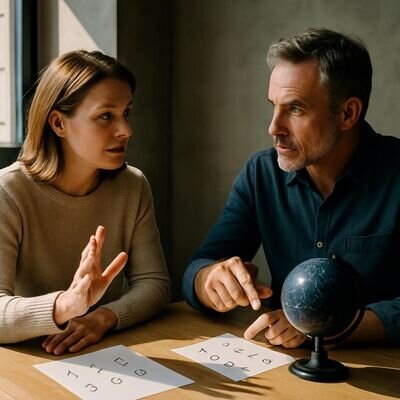 Zwei Menschen betrachten gemeinsam Notizen mit Zahlen und ein Sternkarten-Objekt, warm und einladend.