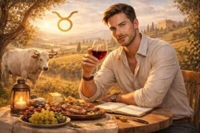 Querformat im warmen &bdquo;Golden Hour&ldquo;-Stil: Ein stilvoller Mann in hellem Leinenhemd sitzt an einem rustikalen Holztisch im Freien und h&auml;lt ein Glas Rotwein in die Kamera. Vor ihm liegt ein hochwertiges Essen (Trauben, K&auml;se, Fleisch), dazu Kerzenlaterne und ein aufgeschlagenes Notizbuch &ndash; Fokus auf Genuss, Werte und Substanz. Links im Hintergrund steht ein wei&szlig;er Stier auf einer Wiese; dahinter weite H&uuml;gel, Felder und eine Villa im Abendlicht. Gesamtstimmung: ruhig, erdig, luxuri&ouml;s &ndash; ohne Schrift im Bild.