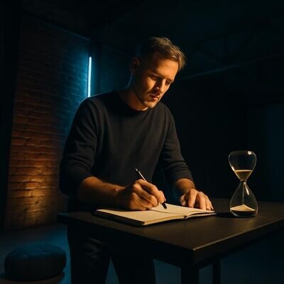 Eine Person schreibt in einem Loft bei markantem Licht, Meditation und Alltag verschmelzen.