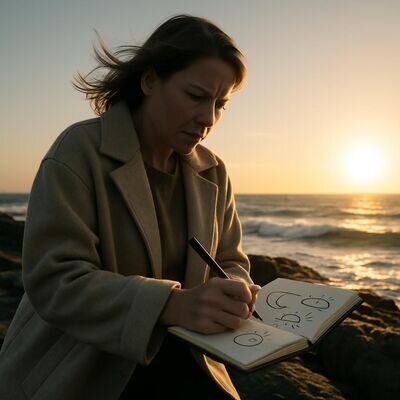 Eine Frau im Morgenlicht schreibt draußen in ein Notizbuch und sortiert Gedanken zu einem Traum.