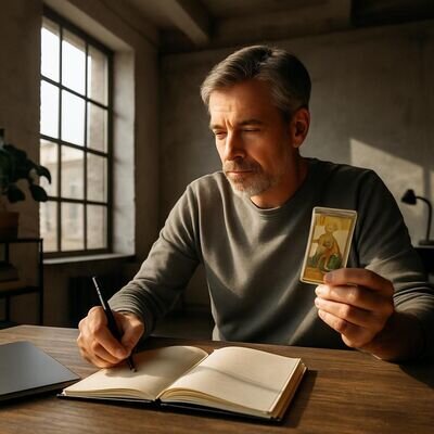 Eine Person h&auml;lt die Tageskarte in der Hand und schreibt konkrete Reflexionen in ein Notizbuch, modernes Setting.