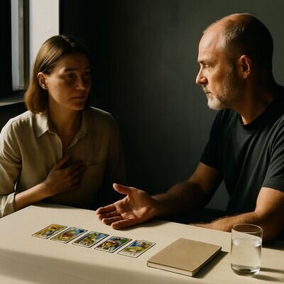 Zwei Menschen sitzen an einem hellen Tisch, Tarotkarten liegen geordnet bereit, die Stimmung ist ruhig und respektvoll.