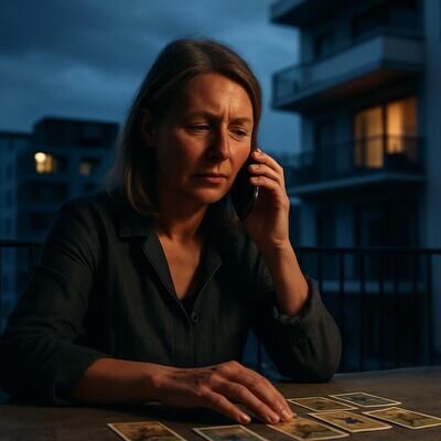 Eine Person sitzt zu Hause am Tisch, h&auml;lt ein Handy und konzentriert sich auf ein Kartendeck in ruhiger Atmosph&auml;re.