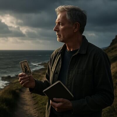 Eine Person betrachtet Karten in weiter Landschaft und wirkt entschlossen, einen neuen Weg zu planen.