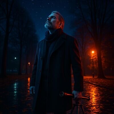Eine Person steht abends im herbstlichen Stadtpark und blickt in einen klaren Nachthimmel – Stimmung von Tiefe und Fokus.