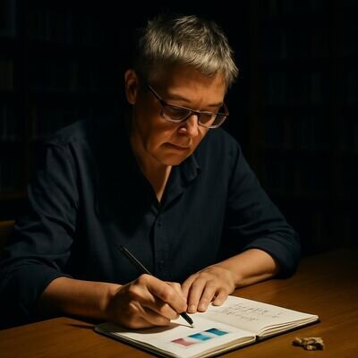 Eine Person schreibt Reflexionss&auml;tze zu Farben in ein Notizbuch, neben ihr liegt ein Symbol-Amulett.