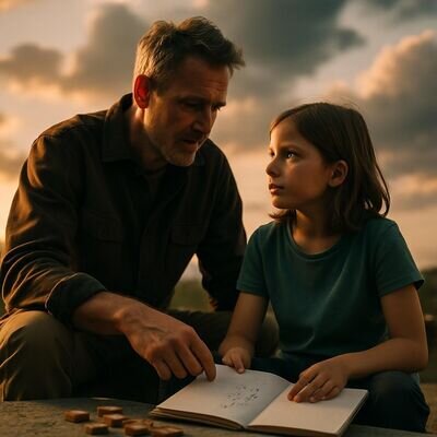 Abendliche, warme Szene: Elternteil und Kind sprechen ruhig, Notizbuch mit Zahlen liegt daneben.