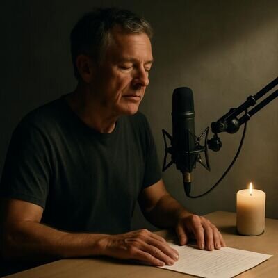 Person nimmt ein eigenes Body-Scan Audioskript auf, mit Mikrofon und Notizen, konzentriert und ruhig.