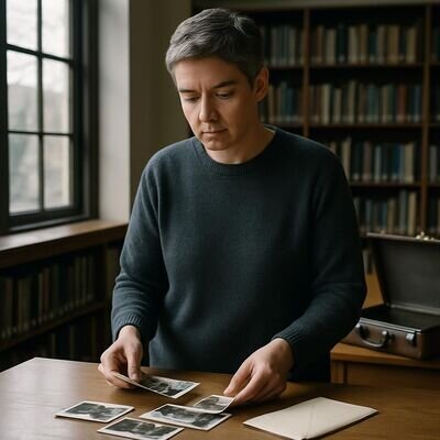 Eine Person steht an einem Tisch und ordnet alte Fotos und Briefe, als Symbol f&uuml;r Verarbeitung und Abschluss.