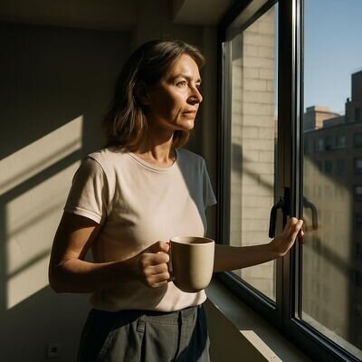 Eine Person beginnt den Tag mit einem stillen Moment am Fenster – Symbol für einen bewussten Start in den Alltag.