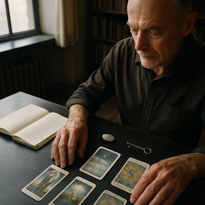 Eine Person betrachtet einen klaren Traum-Spread und verbindet Symbole aus Traum und Karten in einem Notizbuch.