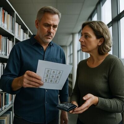 Zwei Menschen betrachten gemeinsam Zahlenwerte auf Papier und sprechen ruhig dar&uuml;ber.