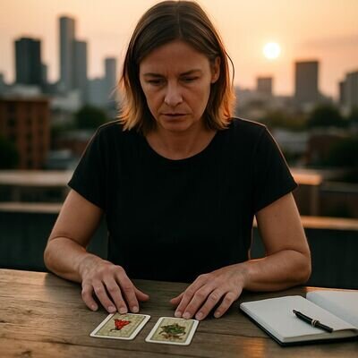 Eine Person deutet zwei Lenormandkarten und notiert eine klare Aussage.