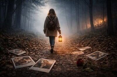 Querformat mit k&uuml;hler, melancholischer Stimmung: Eine Frau l&auml;uft allein einen nebligen Waldweg entlang und tr&auml;gt eine leuchtende Laterne, die warmes Licht in den blauen Dunst wirft. Auf dem Boden liegen verstreute Polaroid-Fotos und eine einzelne Rose &ndash; Sinnbild f&uuml;r Erinnerungen, die zur&uuml;ckbleiben. Der Blick f&uuml;hrt nach vorn in den Nebel: &bdquo;Loslassen&ldquo; als stiller, konsequenter Schritt weg vom Vergangenen.