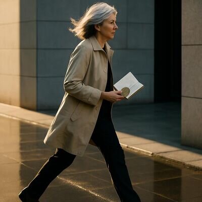 Eine Person geht mit Notizbuch durch eine helle Stadtstra&szlig;e, optimistisch und fokussiert.